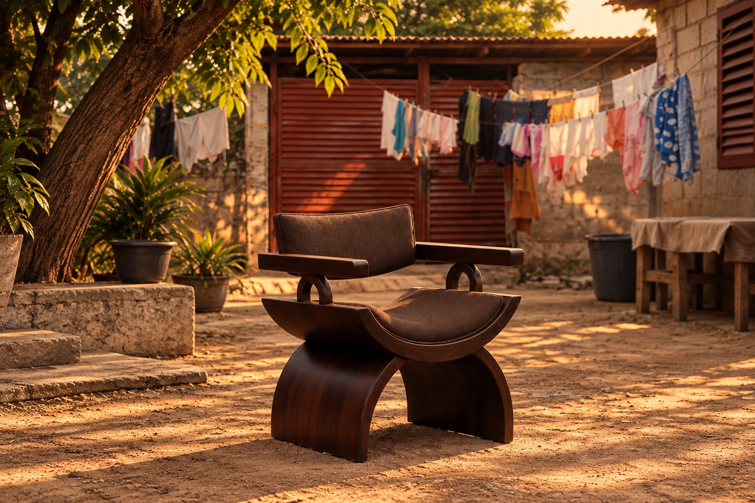 Le fauteuil Tan Miton posé dans une cour, entre le linge qui sèche et les murs de parpaing